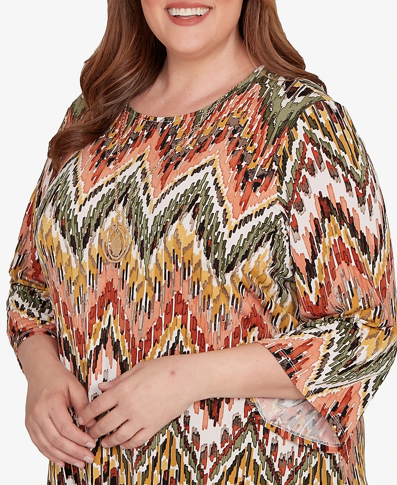 Alfred Dunner Plus Copper Canyon Ikat Chevron Top With Necklace