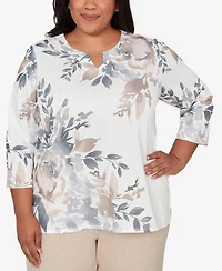 Alfred Dunner Plus Comfort & Joy Asymmetrical Floral Border Crew Neck Top