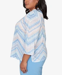Alfred Dunner Plus St. Augustine Chevron Print Lace Trim Crew Neck Top