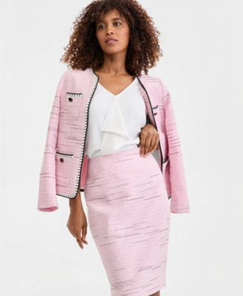 Kasper Womens Tweed Four Pocket Open Front Jacket Sleeveless Ruffle Front Blouse Tweed Slim Pencil Skirt