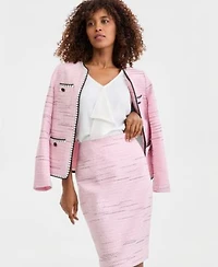 Kasper Womens Tweed Four Pocket Open Front Jacket Sleeveless Ruffle Front Blouse Tweed Slim Pencil Skirt