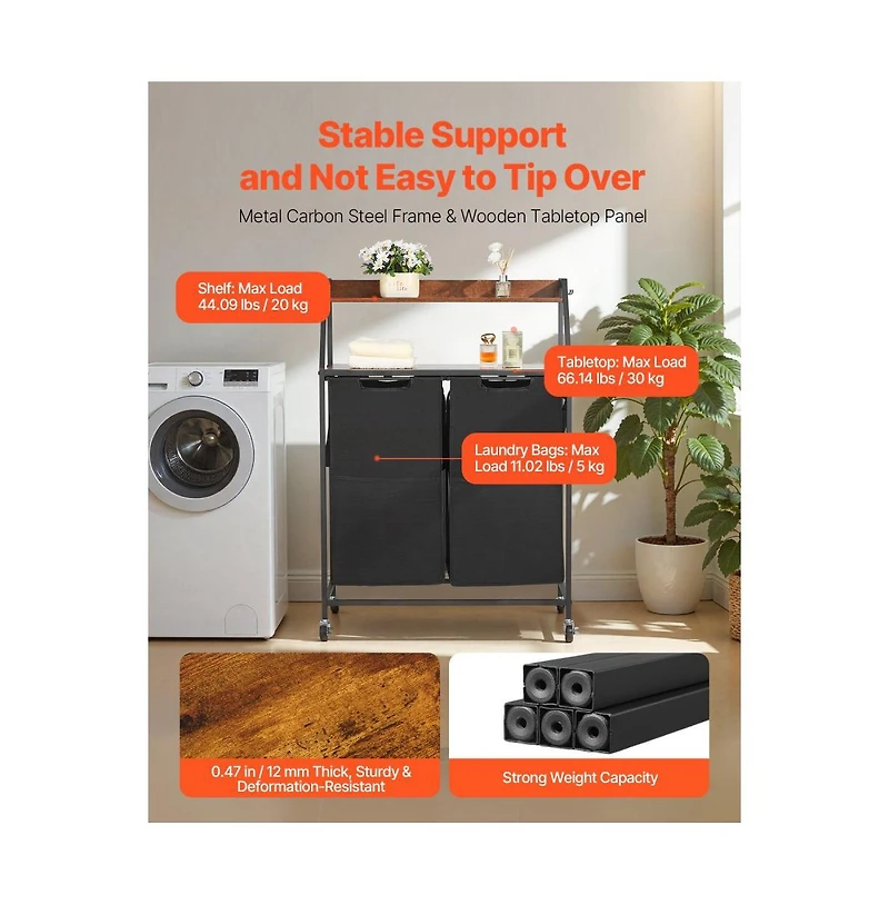 Slickblue Rolling Laundry Hamper with 2 Tiers, 2 Bags, and Hooks