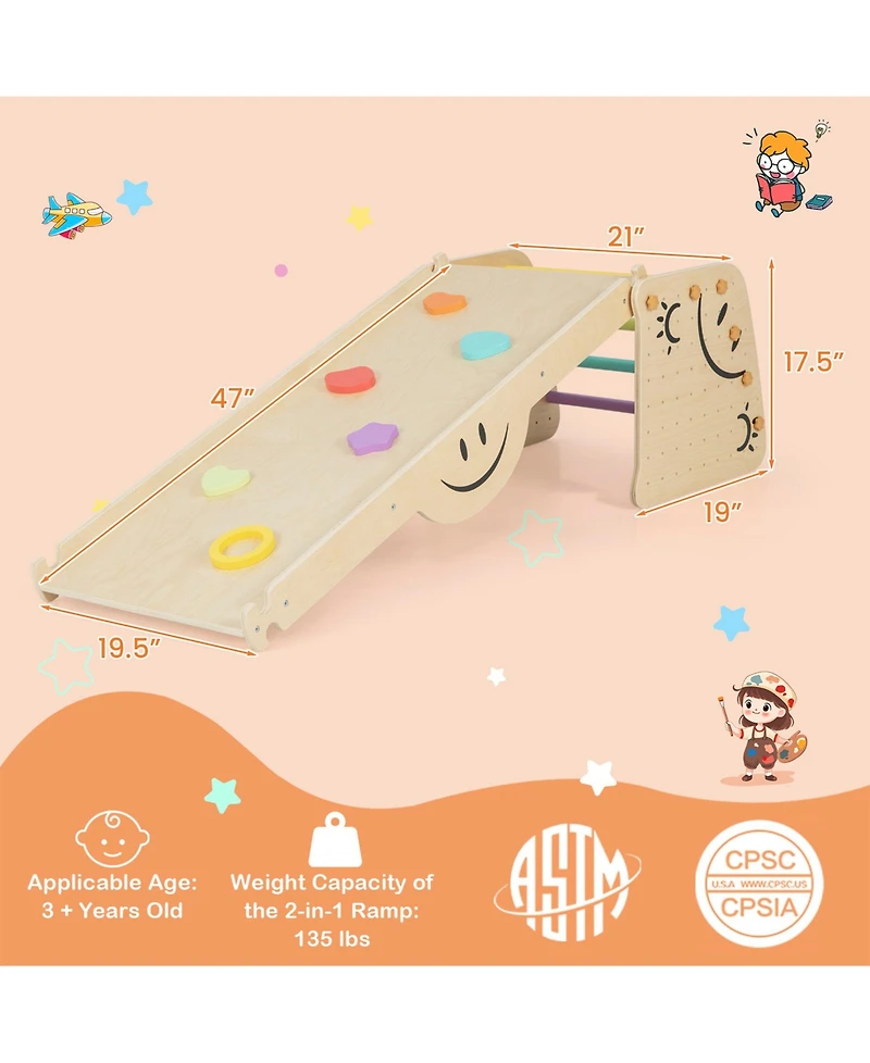 Sugift Wooden Climbing Toy Triangle Climber Set with Seesaw-Multicolor