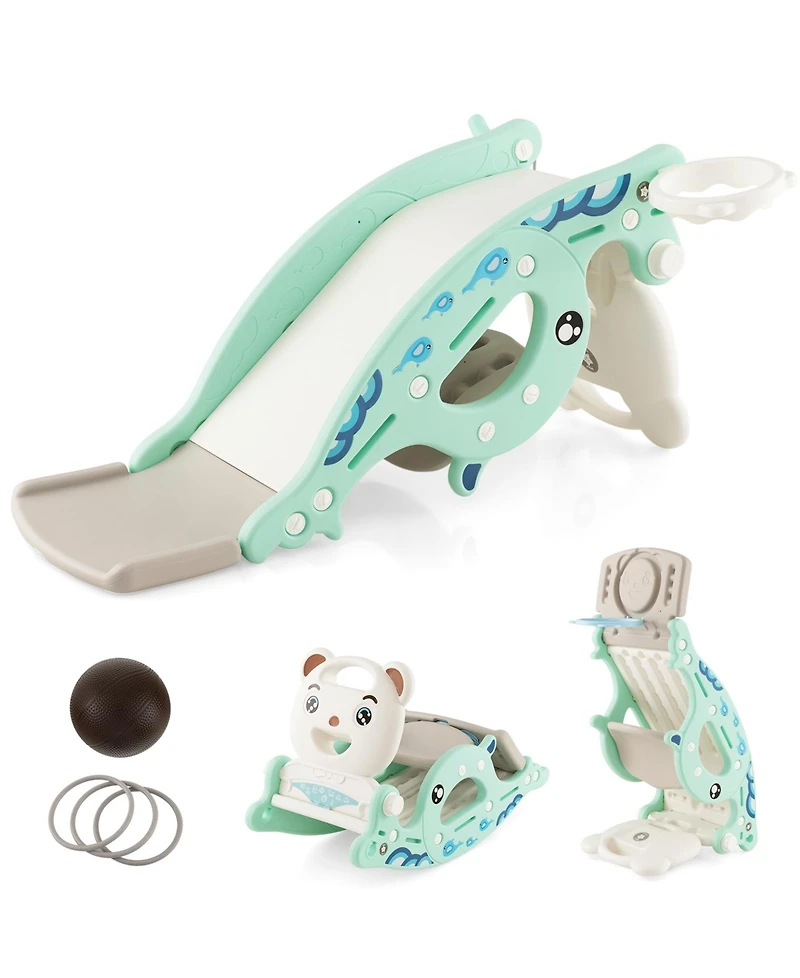 Sugift 4-in-1 Kids Slide Rocking Horse with Basketball and Ring Toss-Green