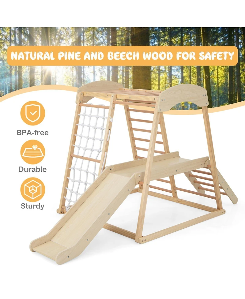 Skonyon 6-in-1 Indoor Jungle Gym Kids Wooden Playground with Monkey Bars-Natural.