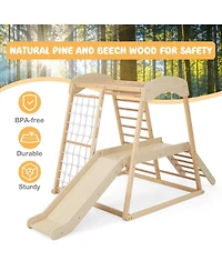 Skonyon 6-in-1 Indoor Jungle Gym Kids Wooden Playground with Monkey Bars-Natural.