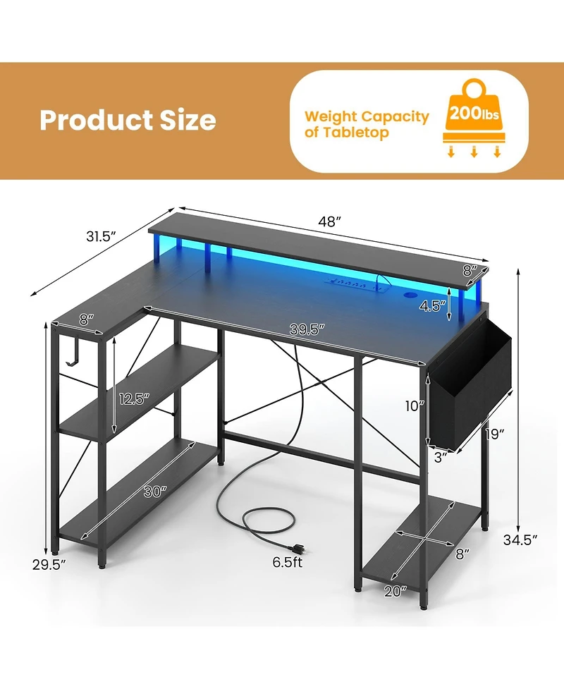 Slickblue L-Shaped with Led Lighting and Headphone Hook Gaming Desk