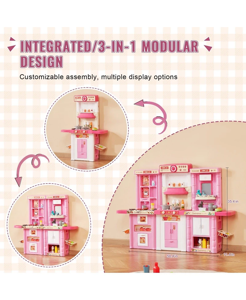 Mecale Kids Kitchen Playset, 3-in-1 Kitchen with Spray, Lights & Sounds, 74 Pcs Cooking Accessories, Pretend Play Set for Kids