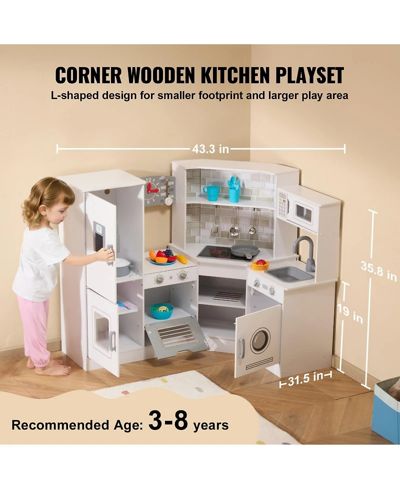Mecale Corner Wooden Play Kitchen, Toy Set with Lights & Sounds, Ice Maker, Oven, Sink, Clock, Microwave, Fridge & Accessories