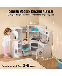 Mecale Corner Wooden Play Kitchen, Toy Set with Lights & Sounds, Ice Maker, Oven, Sink, Clock, Microwave, Fridge & Accessories