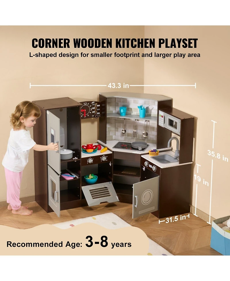 Mecale Corner Wooden Play Kitchen, Toy Set with Lights & Sounds, Ice Maker, Oven, Sink, Clock, Microwave, Fridge & Accessories