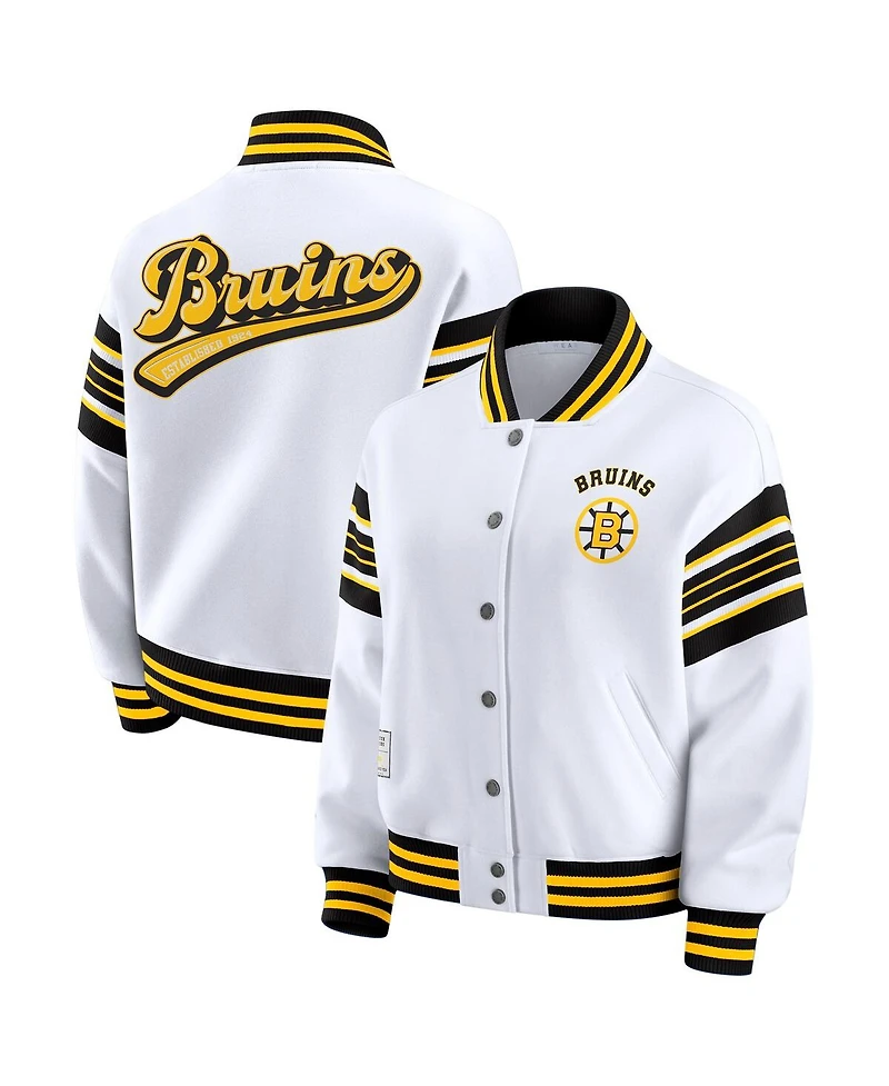 Wear by Erin Andrews Women's White/Gold Boston Bruins Full-Snap Fleece Sweatshirt Jacket