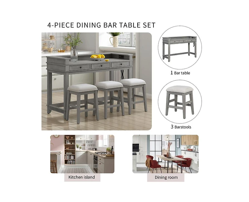 Casainc Trexm 4-Piece Retro Dining Set with Kitchen Table 3 Chairs and Storage Drawers