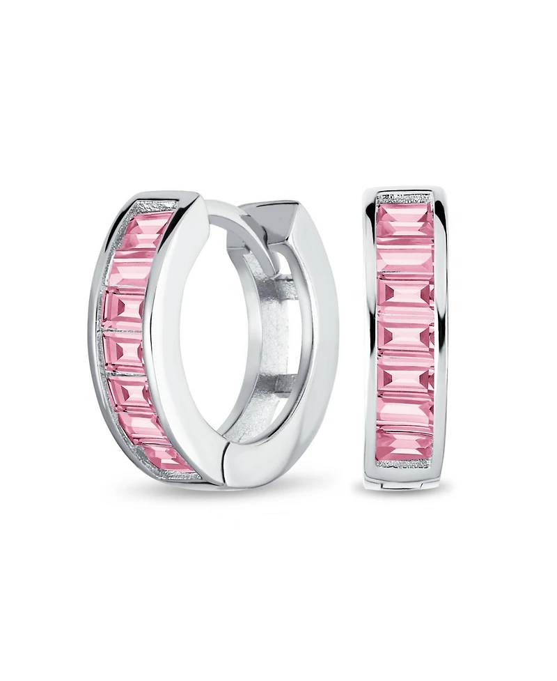 Bling Jewelry Set of 2 Baguette Cut Channel Set Kpop Blue & Pink Cz Huggie Hoop Earrings Sterling Silver