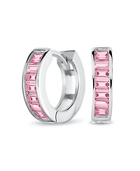 Bling Jewelry Set of 2 Baguette Cut Channel Set Kpop Blue & Pink Cz Huggie Hoop Earrings Sterling Silver