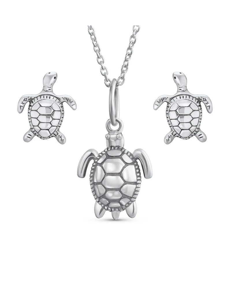 Bling Jewelry Tiny Nautical Sea Tortoise Beach Turtle Pendant Necklace & Stud Earrings Jewelry Set Oxidized Sterling Silver