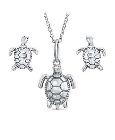 Bling Jewelry Tiny Nautical Sea Tortoise Beach Turtle Pendant Necklace & Stud Earrings Jewelry Set Oxidized Sterling Silver