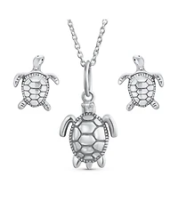 Bling Jewelry Tiny Nautical Sea Tortoise Beach Turtle Pendant Necklace & Stud Earrings Jewelry Set Oxidized Sterling Silver