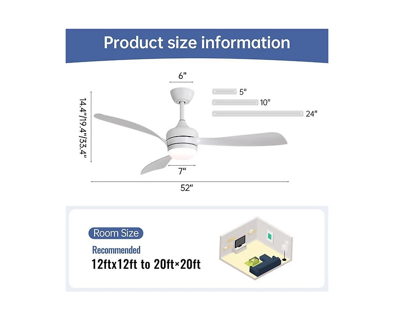 Sofucor 52-inch Modern White Ceiling Fan with Led Light and Remote Control Dc Motor