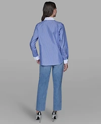 Karl Lagerfeld Paris Women's Stripe Contrast Front Button Collar Blouse