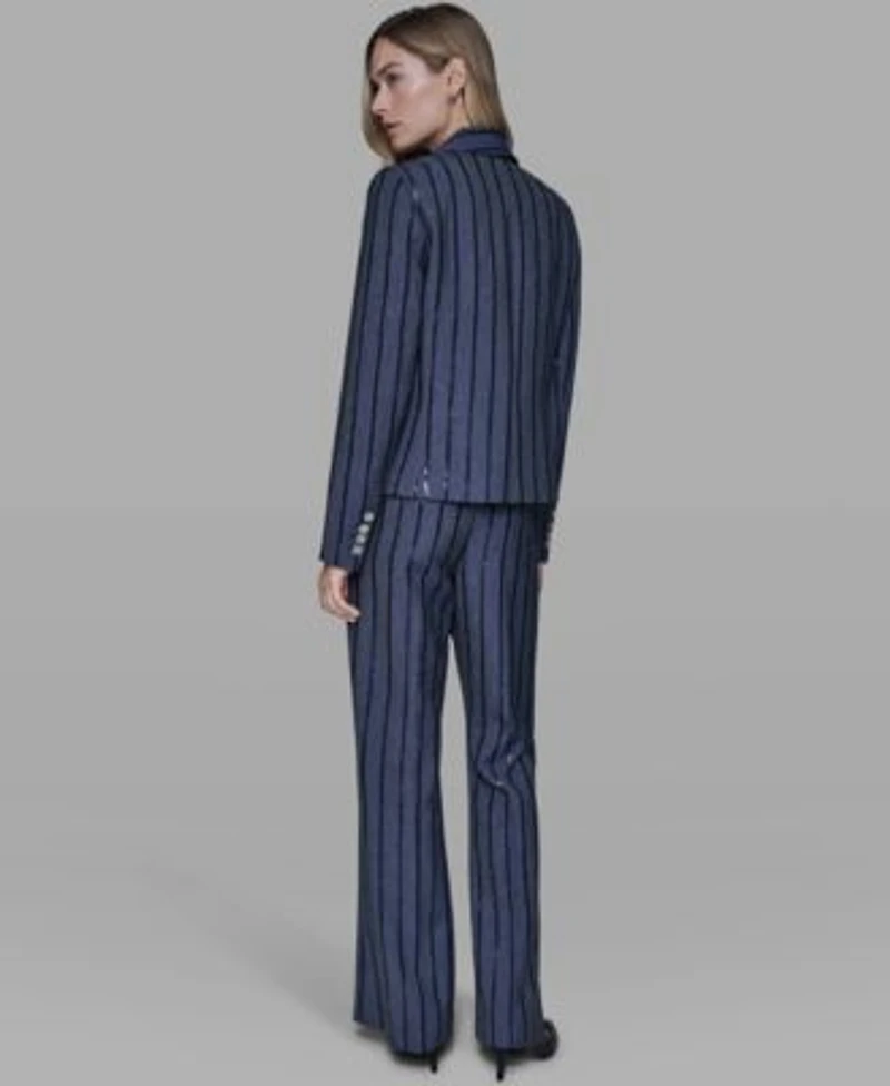 Karl Lagerfeld Paris Womens One Button Sequin Stripe Jacket Mid Rise Striped Sequin Pants