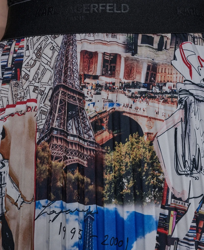Karl Lagerfeld Paris Women's City Scene Print Pull-On Pleated Skirt