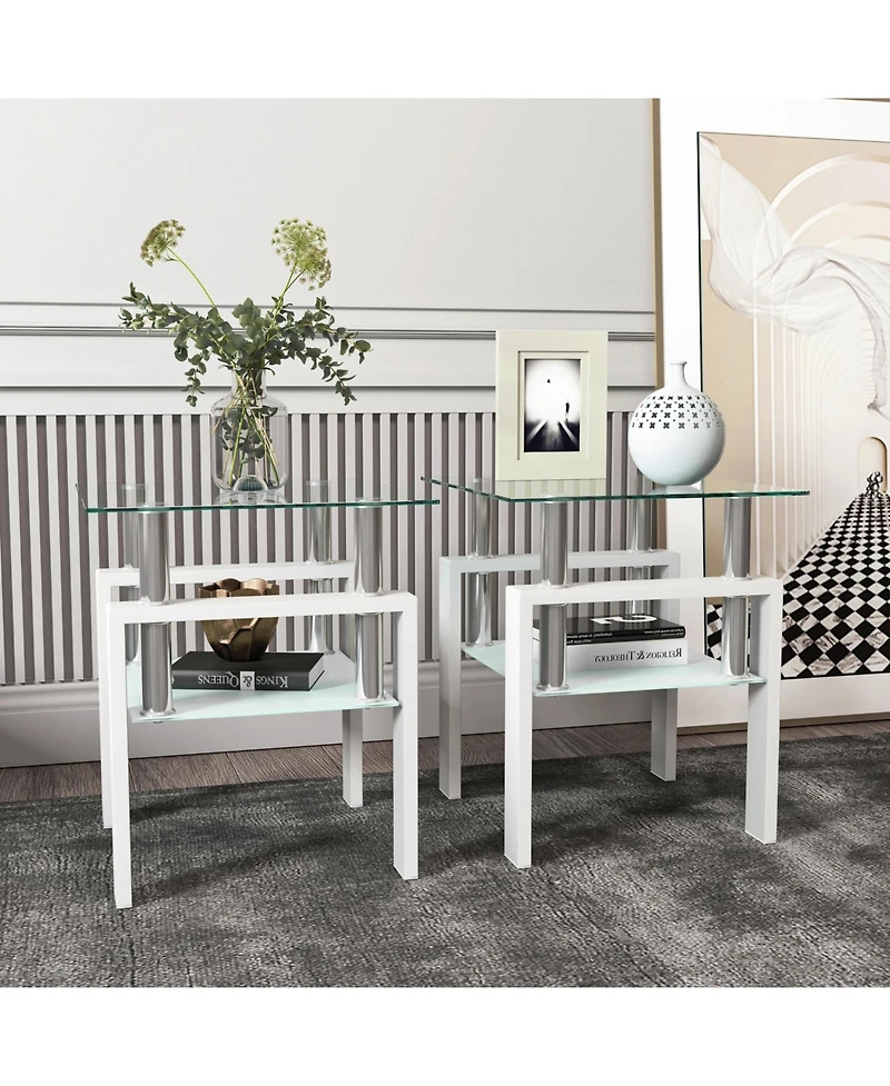 sumyeg Set of 2 Modern Square Tempered Glass Coffee Tables with Solid Frame