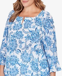 Hearts Of Palm Plus Printed Crinkle 3/4 Sleeve Top