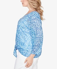 Hearts Of Palm Plus Printed Knit Burnout 3/4 Sleeve V-Neck Top