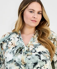 Anne Klein Plus Floral Ruffle-Sleeve Tie-Neck Blouse