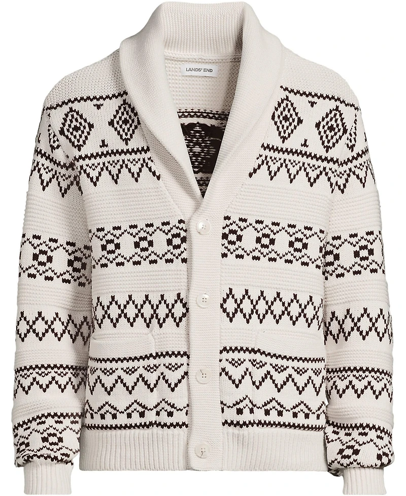 Lands' End Men's Long Sleeve Cotton Blend Shawl Fairisle Cardigan
