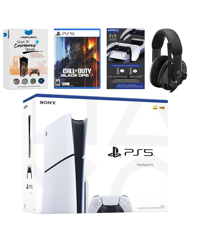 Sony PlayStation 5 Slim Disc Bundle with Call of Duty Black Ops 7, Epos Headset, Charging Dock and MightySkins Code