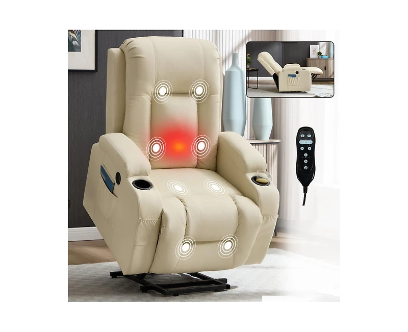sumyeg Pu Power Lift Recliner 350LB capacity 8-point massage lumbar heat with Usb port and cup holders