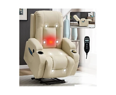 sumyeg Pu Power Lift Recliner 350LB capacity 8-point massage lumbar heat with Usb port and cup holders
