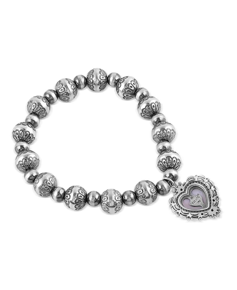 American West Jewelry Sterling Silver Pink Concha Shell Heart Charm Bead Bracelet, Small to Medium