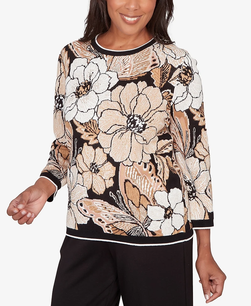 Alfred Dunner Petite Seville Jacquard Floral Butterfly Sweater