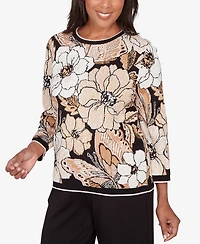 Alfred Dunner Petite Seville Jacquard Floral Butterfly Sweater