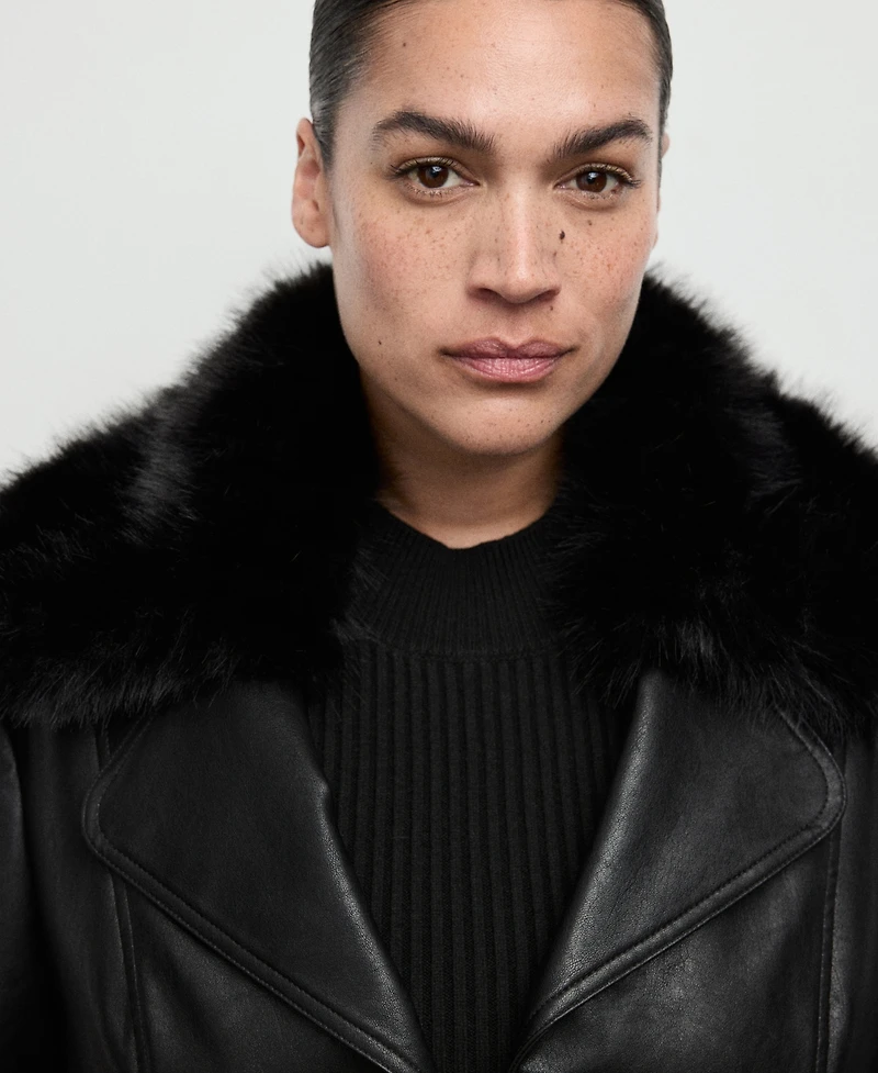 Mango Women's Fur Collar Leather-Effect Coat