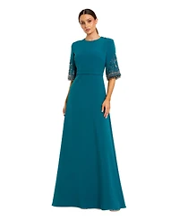 Mac Duggal Women's Crepe A Line Gown Beaded 3/4 Sleeves