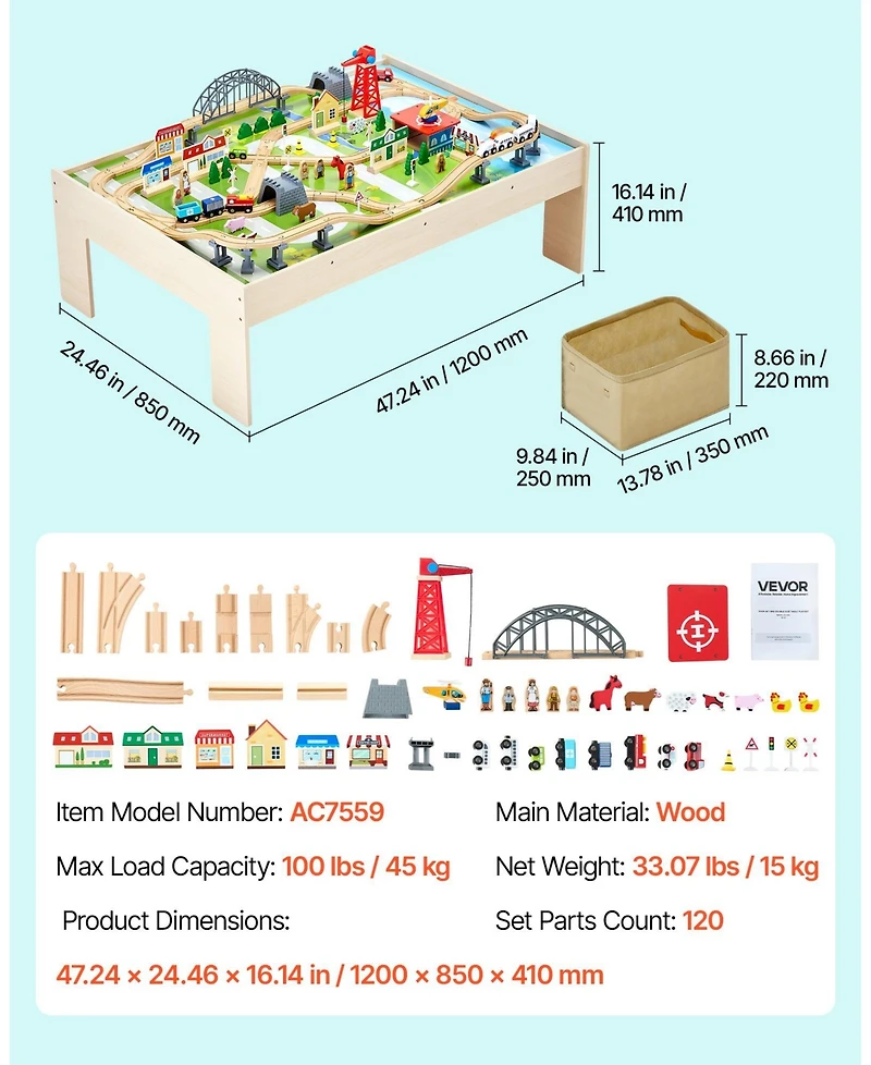 Mecale Train Table, 120 Pcs Wooden Activity Table with Collapsible Bin, 3-in-1 Train Set for Playing, Drawing & Reading