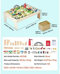 Mecale Train Table, 120 Pcs Wooden Activity Table with Collapsible Bin, 3-in-1 Train Set for Playing, Drawing & Reading