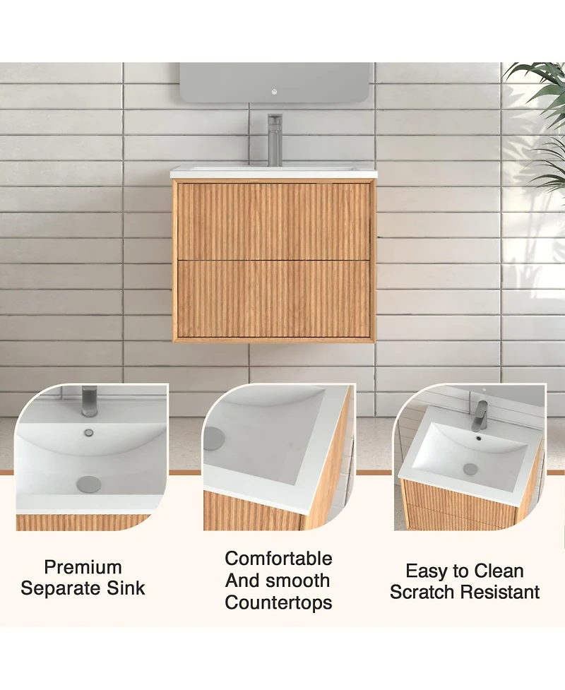 Boyel Living 24'' Floating Bathroom Vanity Set, Wall Mounted Solid Wood Bathroom Cabinet with 2 Storage Drawers,White Resin Integrated Basin