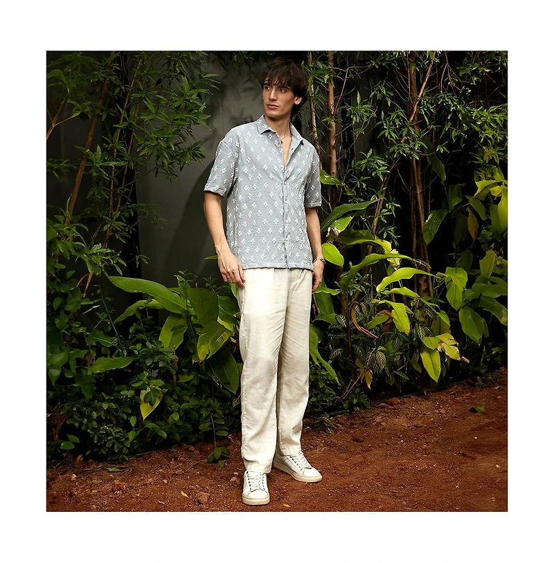 Campus Sutra Men's Baby Blue Floral-Tactile Oversized Shirt