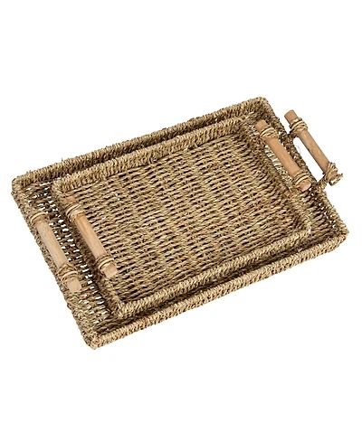 Household Essentials Handwoven Seagrass Rectangular Tray Set with Wood Handles, Natural, of 2