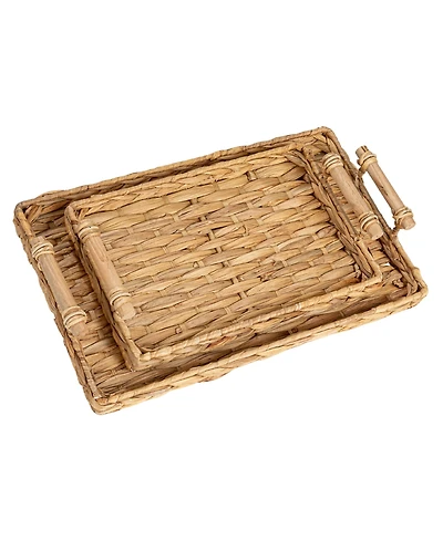 Household Essentials Handwoven Seagrass Rectangular Tray Set with Wood Handles, Natural, Set of 2
