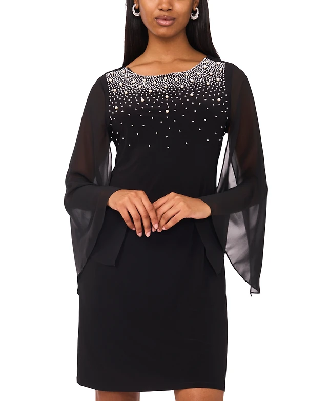 msk womens embellished short sleeve sheath dress MSK Women's V-Neck Short-Sleeve Embellished-Hem Shift Dress - Black