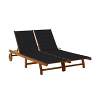 Sun Lounger Black Cushion, Natural Wood
