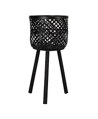 Storied Home Woven Bamboo Baskets with Wooden Legs, Black, Set of 3