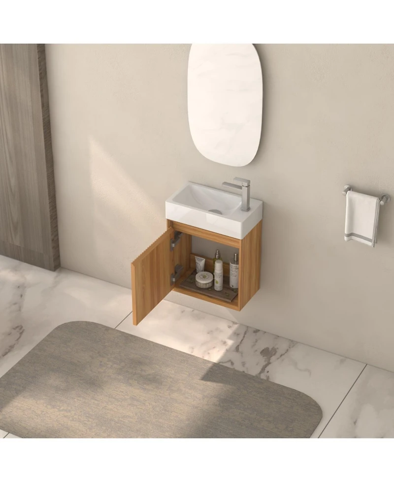 Boyel Living 16" Wall-Mounted Bathroom Vanity, Acacia Wood with White Resin Basin & Soft-Close Door