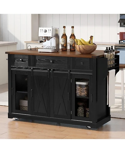 Boyel Living 58" Farmhouse Kitchen Island with Storage, Sliding Barn Door & Metal Grid Side Door, Rolling Table D